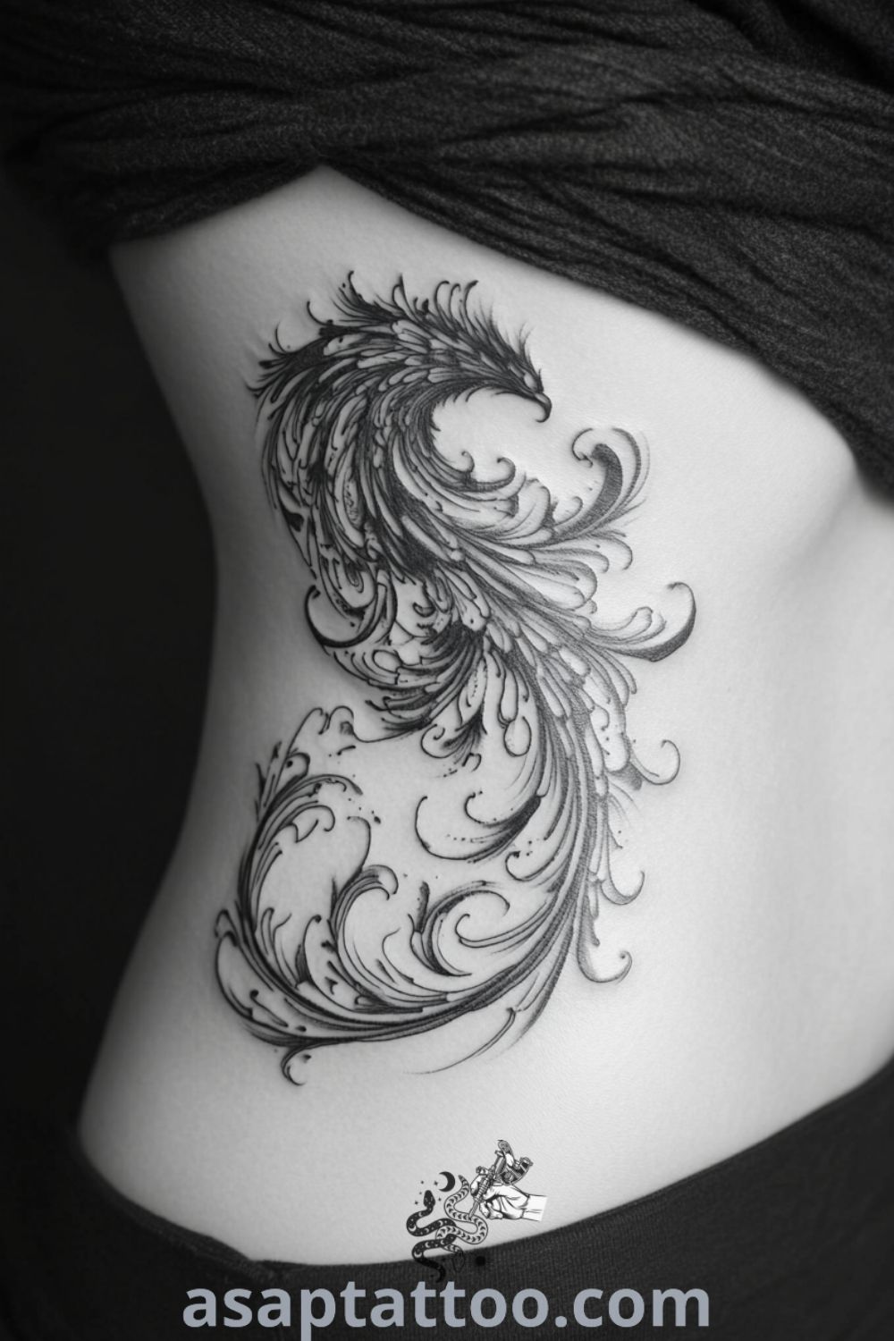 Monochrome phoenix tattoo on ribcage featuring intricate linework and shading with black ink gradients. An elegant and inspiring tattoo design you must see to believe. asaptattoo.com