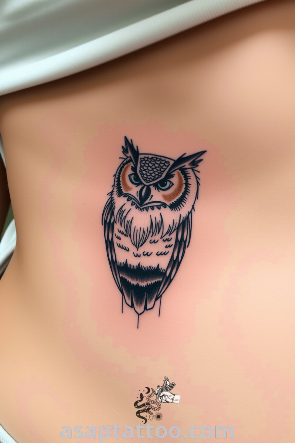 Sketch-style tattoo of a regal owl on the ribcage, showcasing intricate feather details and wise gaze. A gorgeous design you must see to believe. asaptattoo.com