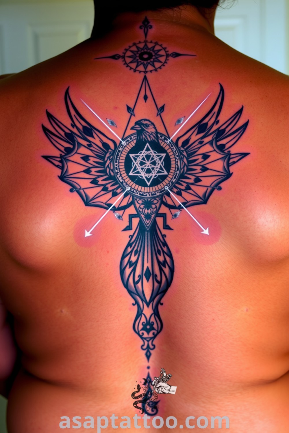 Sacred geometry bird tattoo with intricate linework, geometric patterns, and vibrant hues on dark skin. An amazing tattoo design that embodies freedom and transcendence, perfect for inspiration. asaptattoo.com