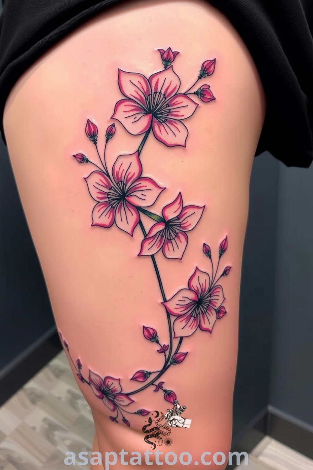 Elegant floral tattoo on the thigh with intricate linework and soft colors, beautifully blending with light skin tones. A gorgeous tattoo idea to inspire you to get inked. asaptattoo.com