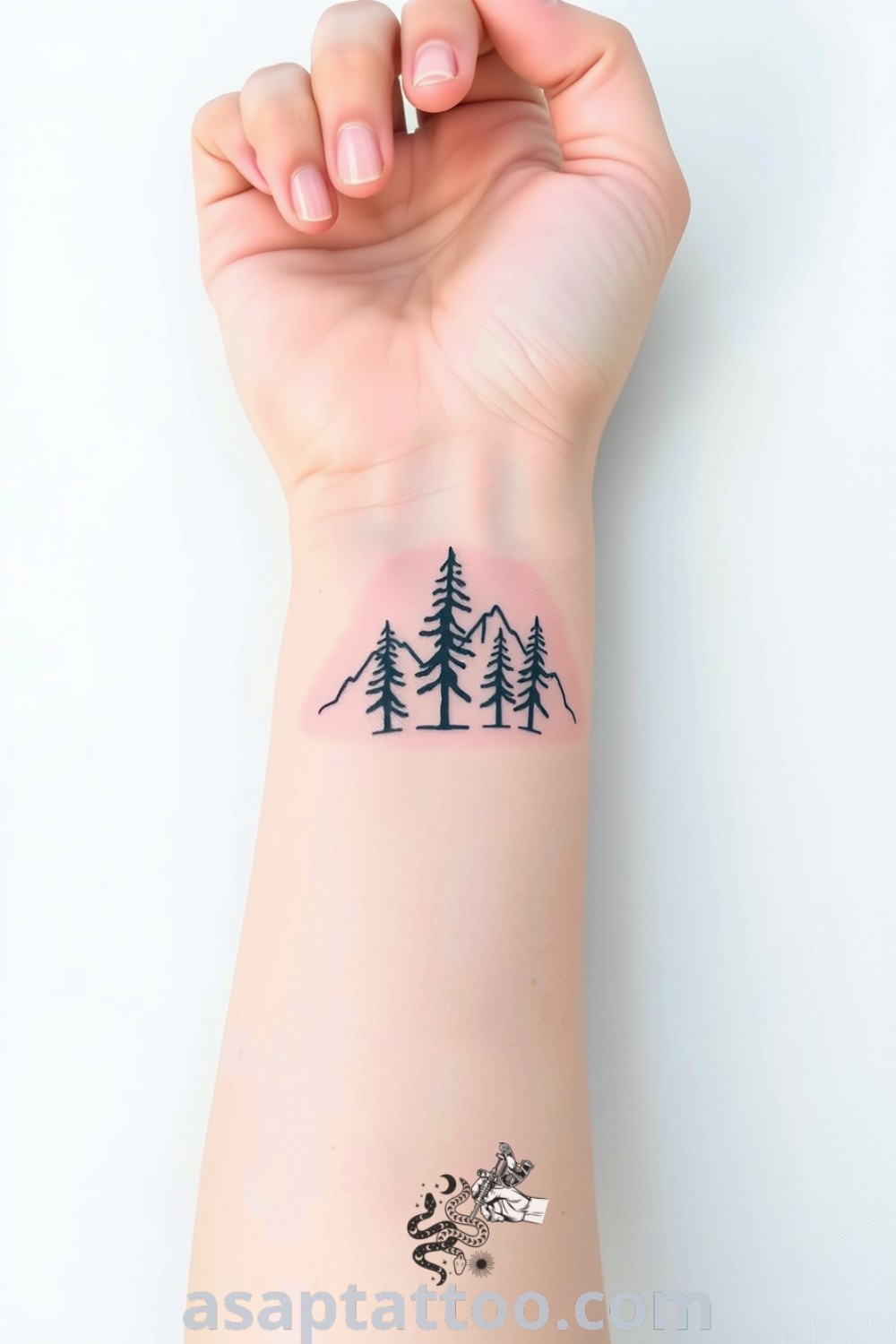 Minimalist tattoo of a forest and mountains with delicate linework and subtle shading, capturing the essence of nature