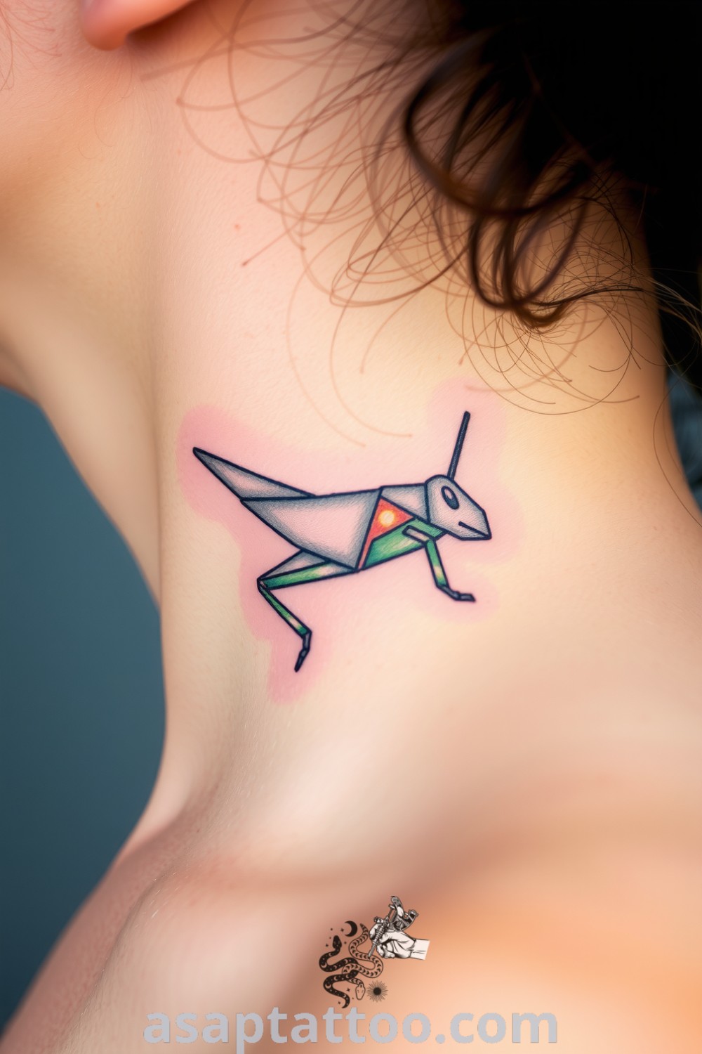 Origami grasshopper tattoo with intricate folds and gradients of green and brown, creating a dynamic look. An elegant design idea you must see to believe. asaptattoo.com