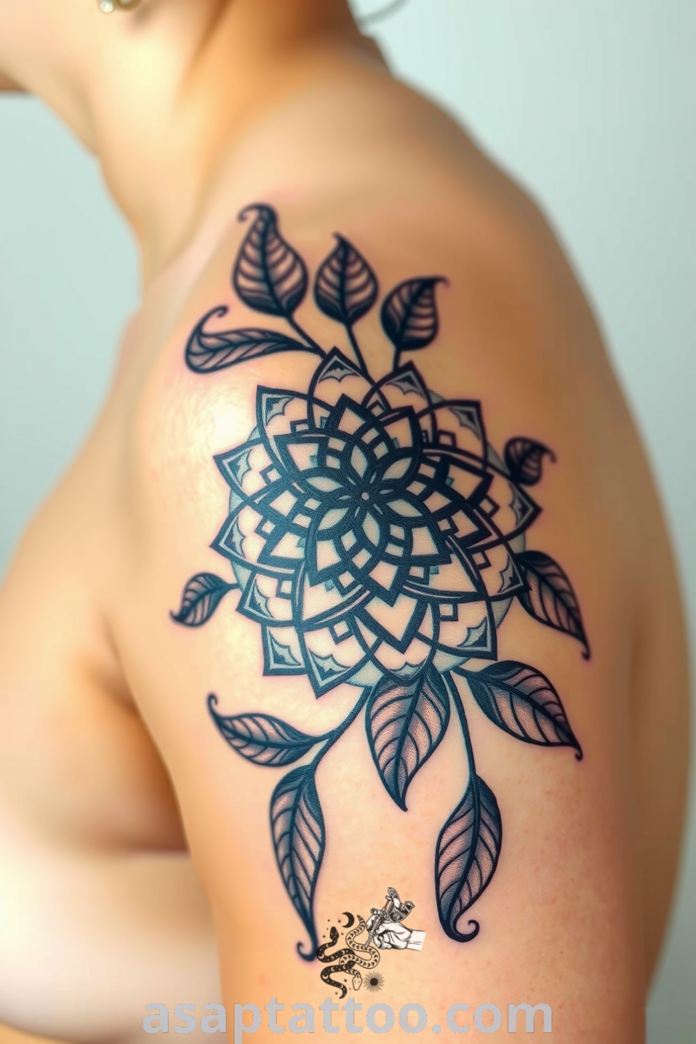 A stunning mandala plants tattoo featuring intricate sacred geometry and spiraling leaves in rich black ink on light skin. An amazing tattoo idea that you must see to believe, celebrating nature