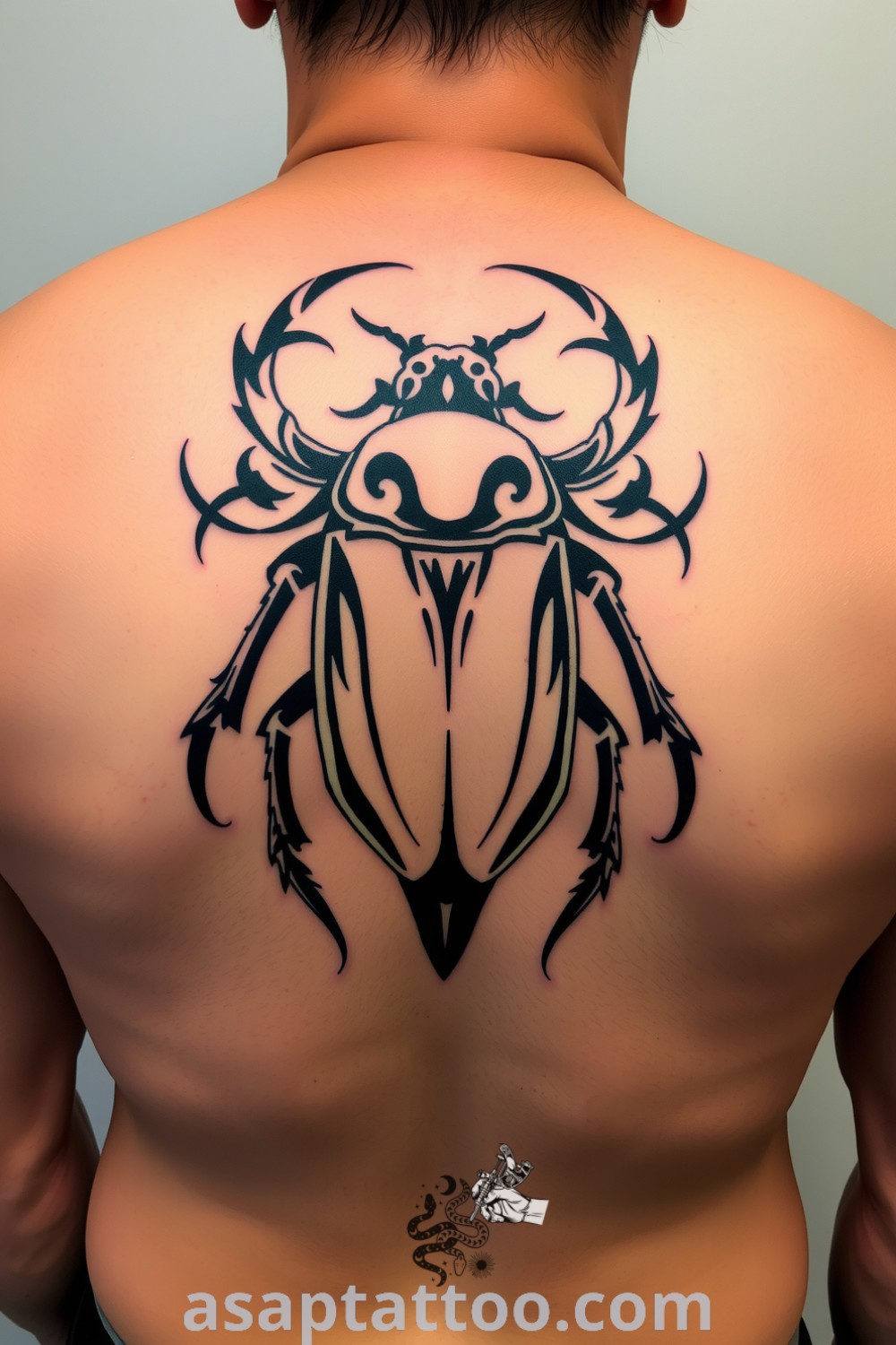 Tribal beetle tattoo with intricate designs and bold lines, showcasing strength and resilience. A gorgeous idea to inspire you to get inked. asaptattoo.com