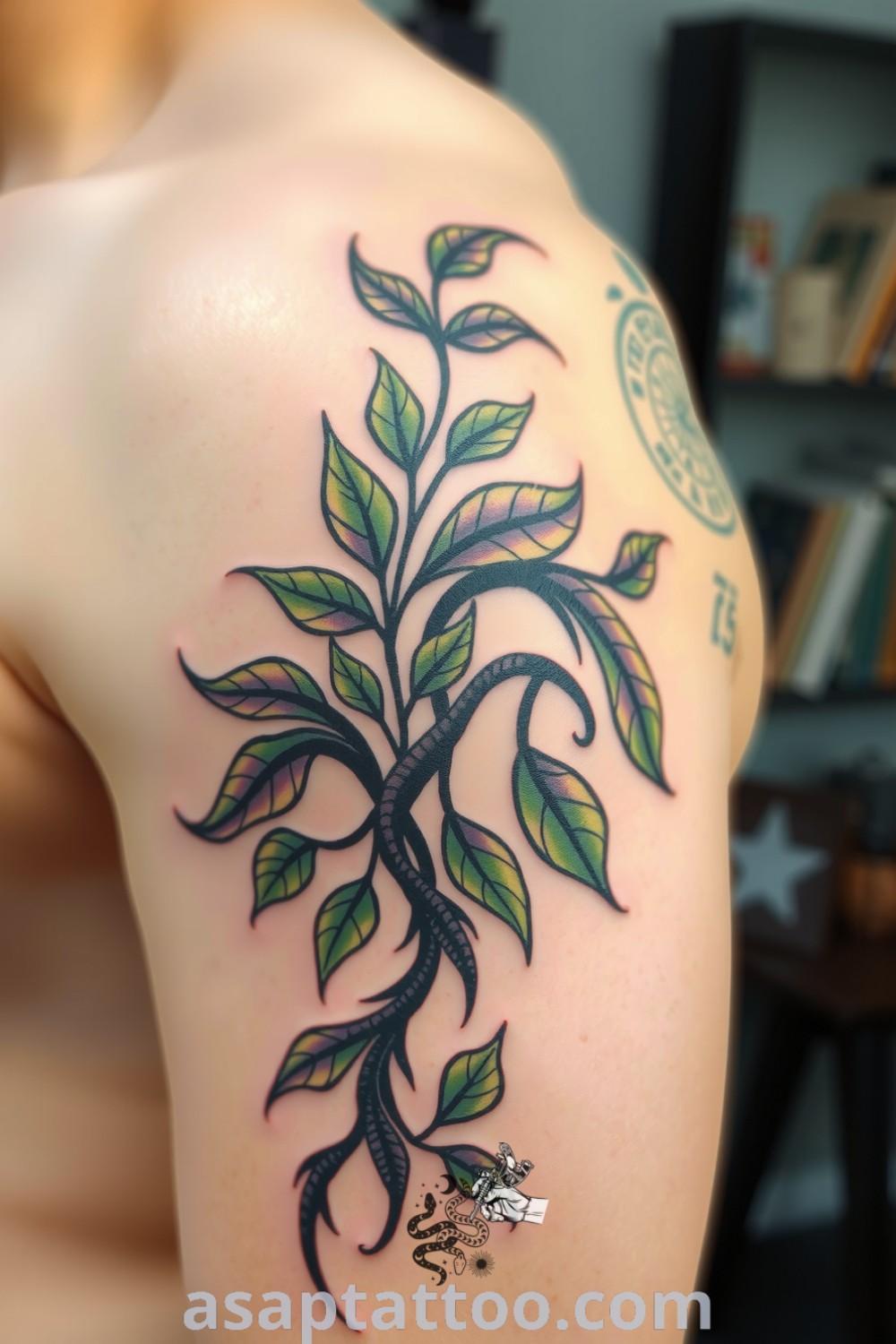 Tribal plants tattoo featuring bold patterns of interwoven leaves and vines, showcasing rich colors and intricate linework. An amazing tattoo idea that will inspire you to get inked. asaptattoo.com