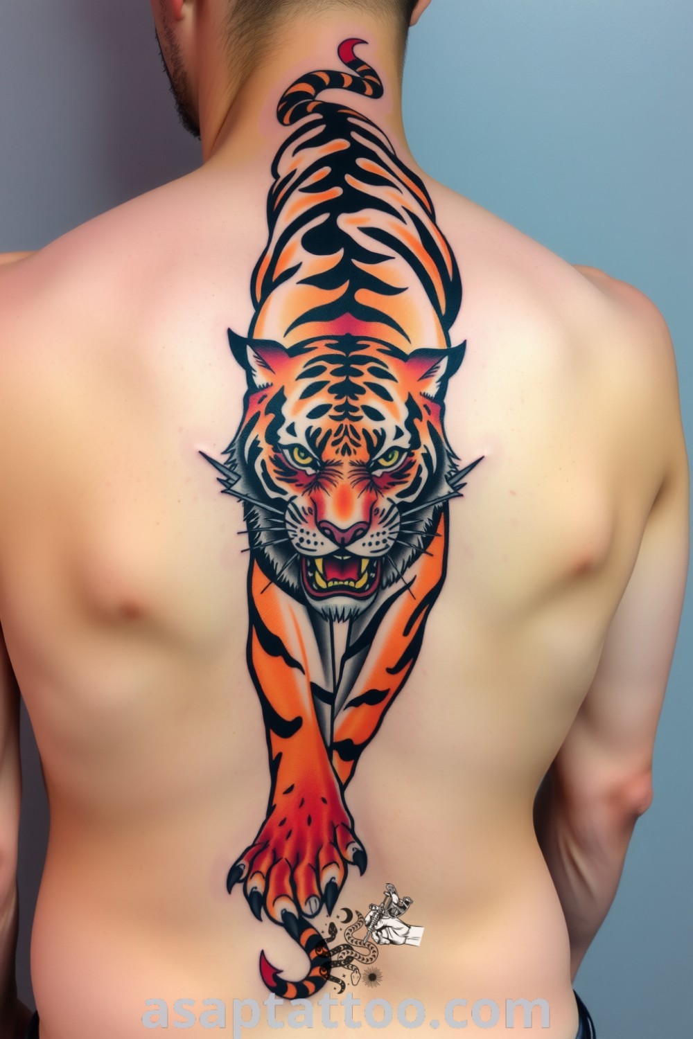 Japanese tiger tattoo on spine in vivid oranges and blacks, with detailed linework and gradient shading, symbolizing strength and courage. An inspiring tattoo idea you must see. asaptattoo.com