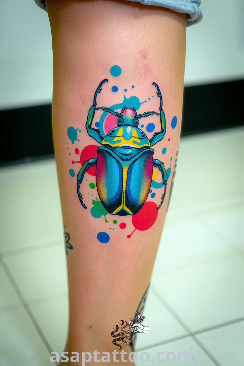 Watercolor beetle tattoo featuring iridescent blues and greens with intricate linework. An amazing and inspiring tattoo design you must see to believe. asaptattoo.com