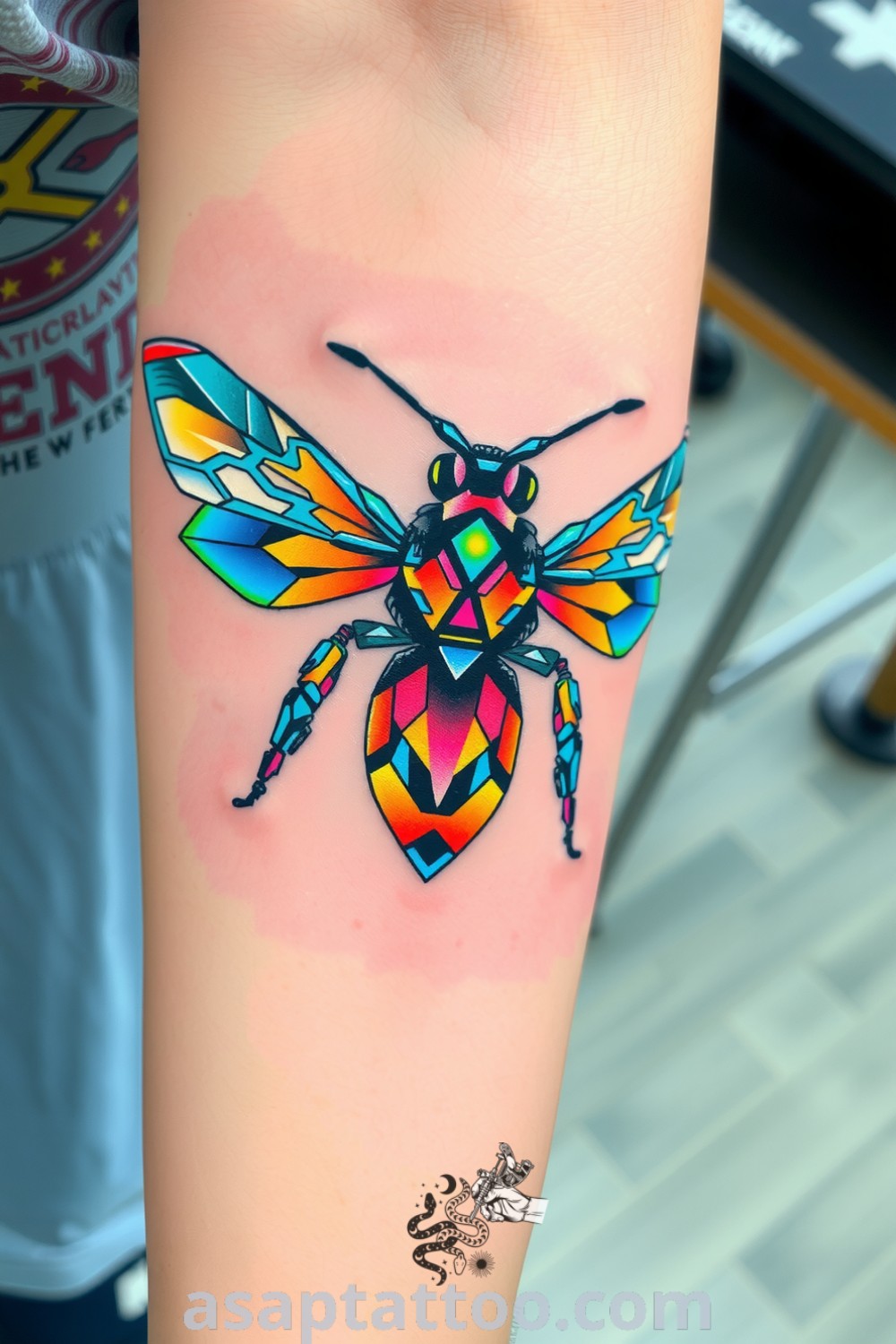 Cyberpunk bee tattoo featuring intricate geometric patterns and neon colors, showcasing sharp linework and smooth gradients. A gorgeous tattoo idea that will inspire you to get inked. asaptattoo.com