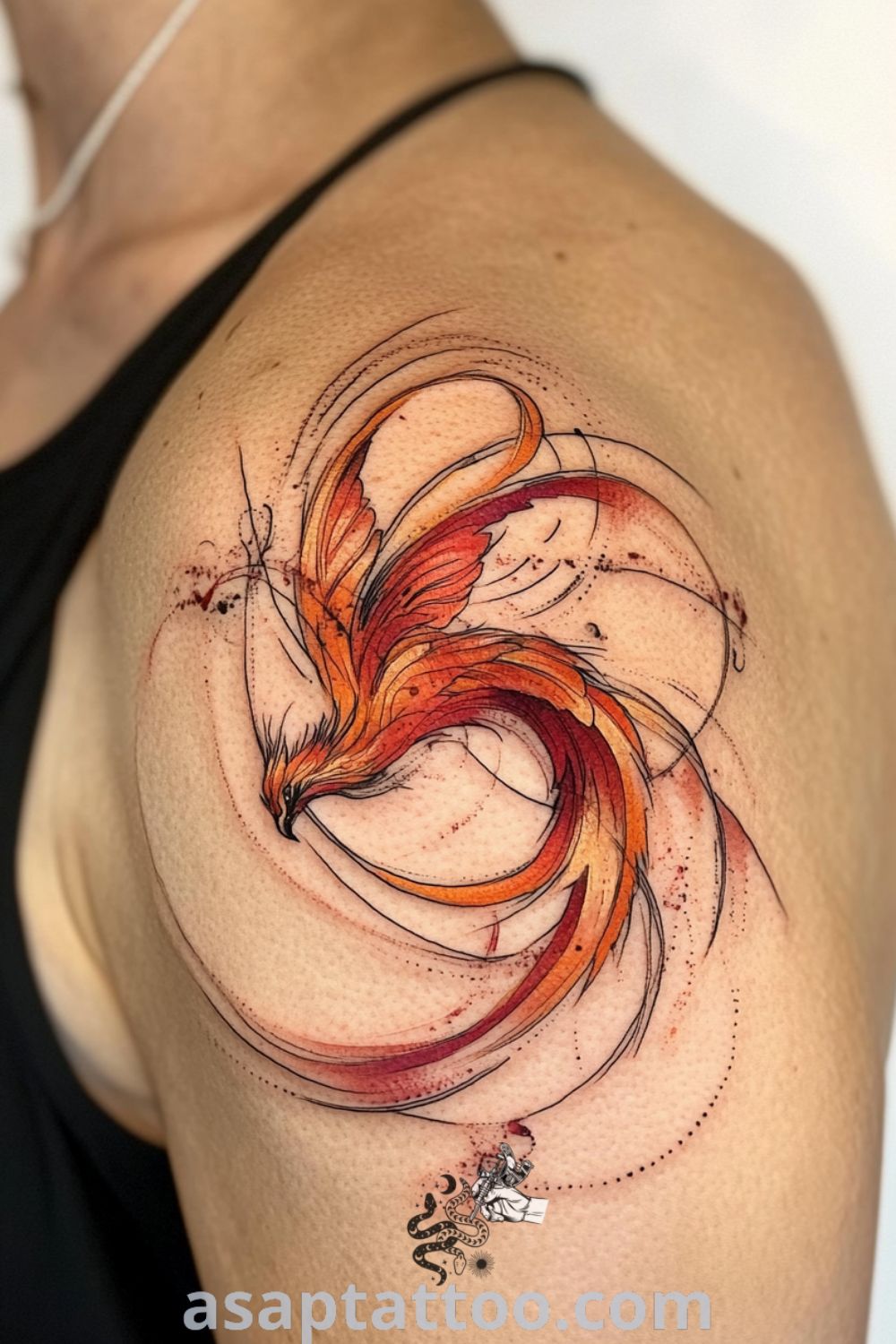 Intricate phoenix tattoo in vibrant reds and oranges with detailed gradients and fine linework, symbolizing rebirth and movement. An amazing tattoo idea you must see to believe. asaptattoo.com