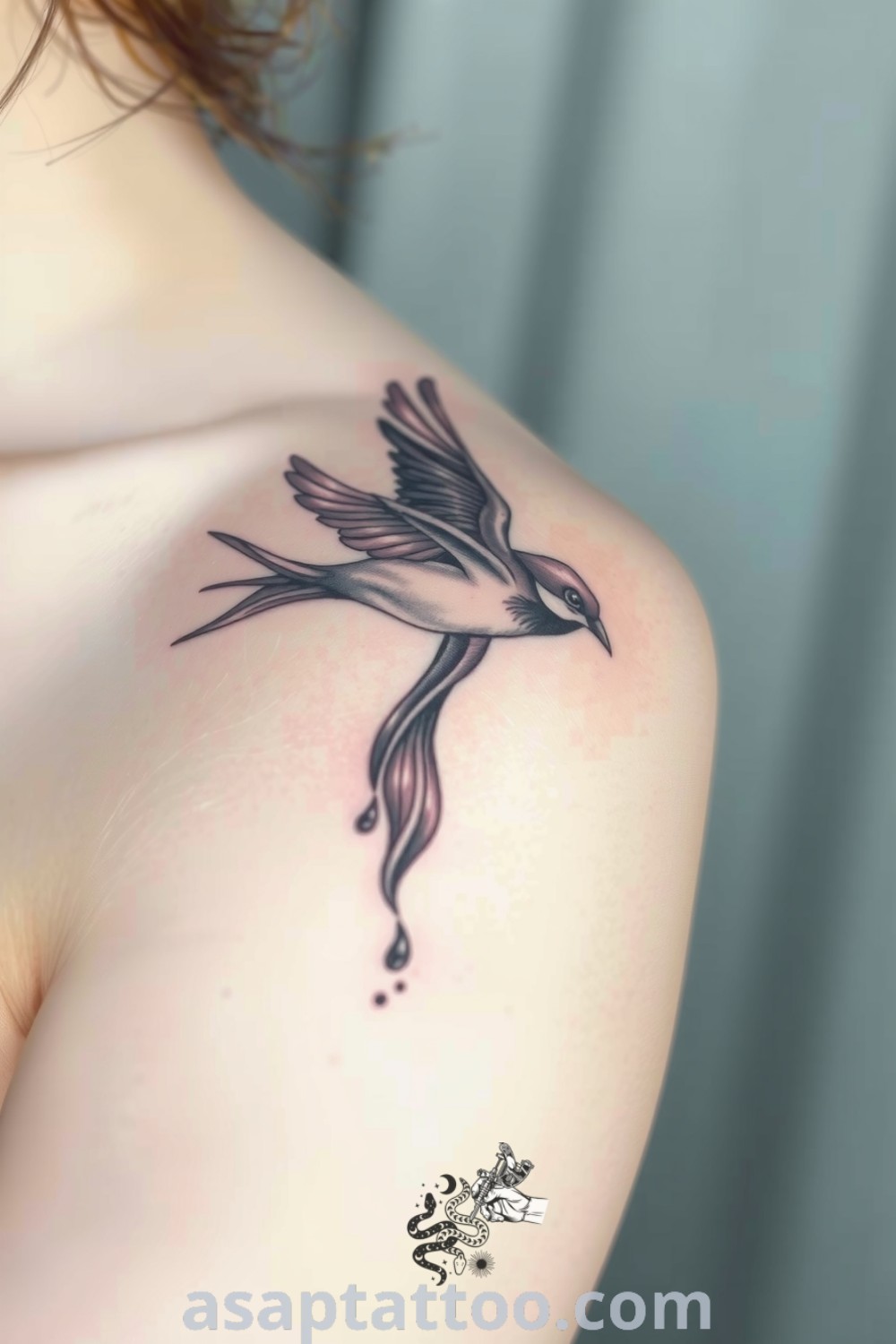 Ink wash bird tattoo showcasing a graceful songbird in mid-air with soft gray and black gradients. A gorgeous design that will inspire you to get inked. asaptattoo.com