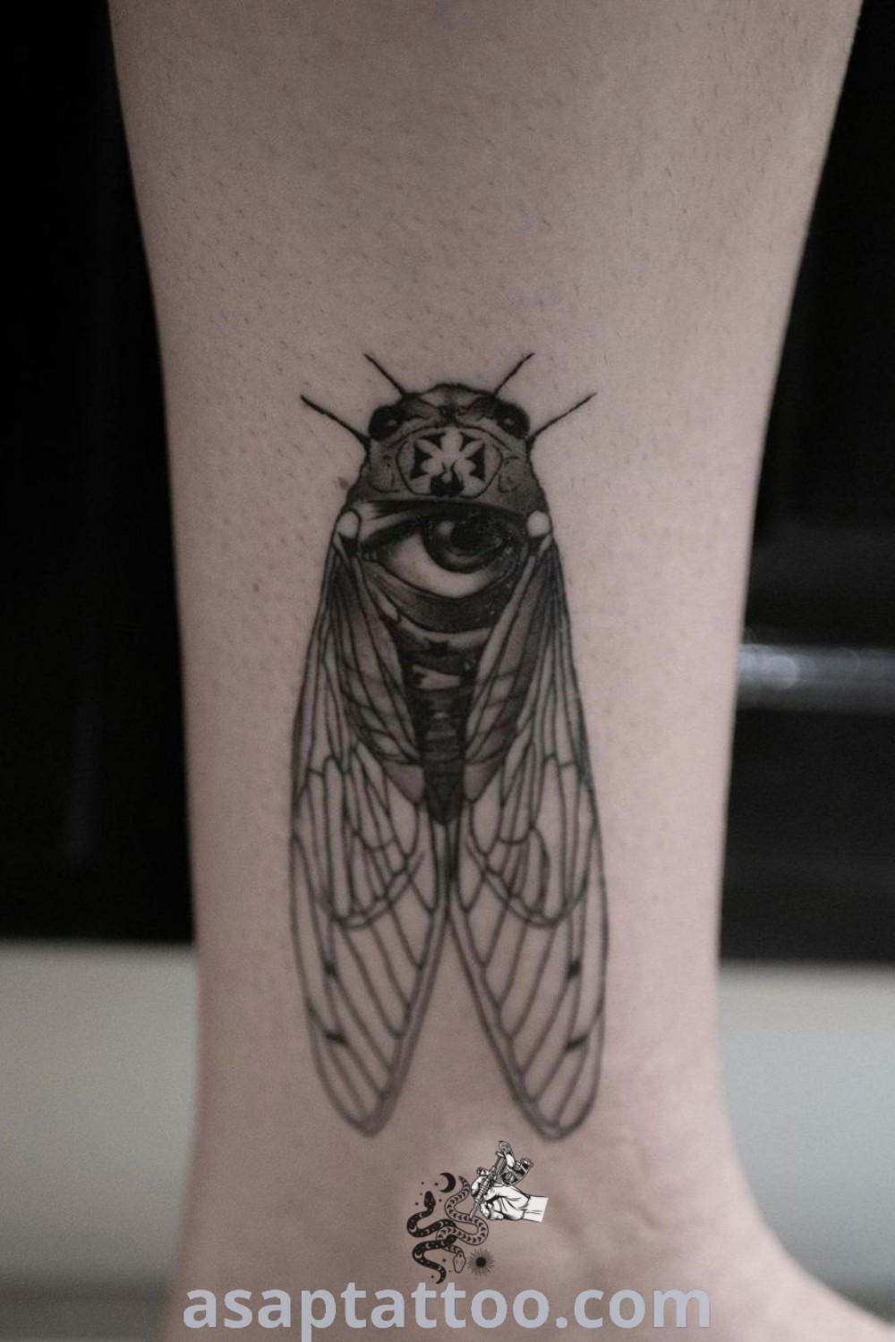 Black and white fly tattoo on the ankle with an eye in the center, showcasing elegant black work. An amazing choice for those seeking small animal tattoos. Discover more ideas to inspire you at asaptattoo.com.
