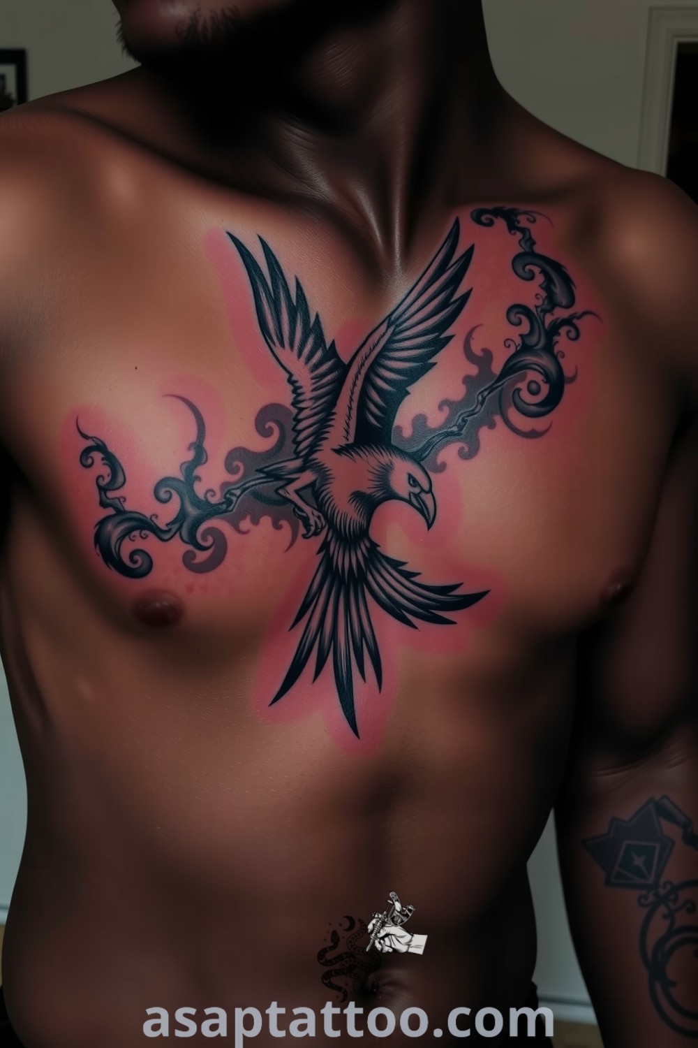 Grunge bird tattoo sprawling across the rib cage with intricate linework and smoky gradient in black and gray. A gorgeous tattoo idea to inspire you to get inked. asaptattoo.com