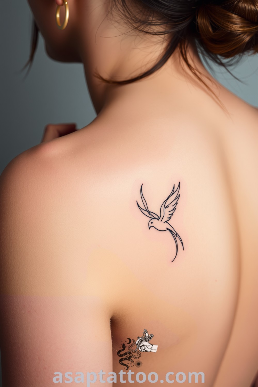 Minimalist bird tattoo with elegant curves and delicate feather details, perfectly complementing light skin. A gorgeous tattoo idea that will inspire you to get inked. asaptattoo.com