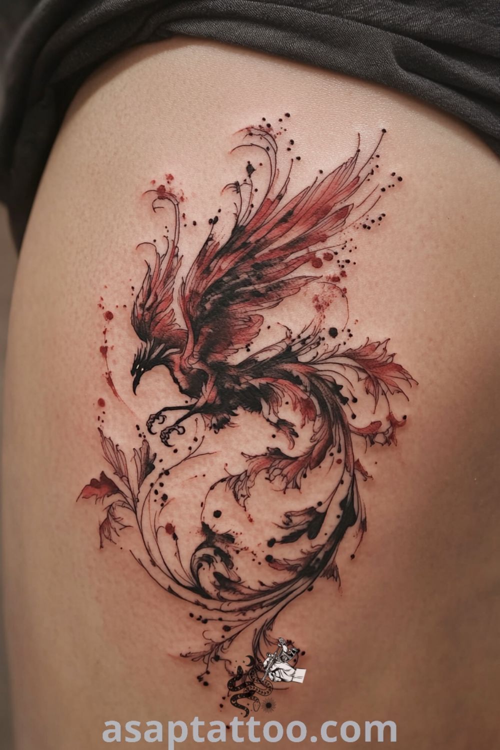 Ink-drip phoenix tattoo with rich blacks and deep reds, featuring intricate feather details and a stunning gradient effect. An amazing tattoo idea that symbolizes rebirth and strength, you will absolutely love. asaptattoo.com