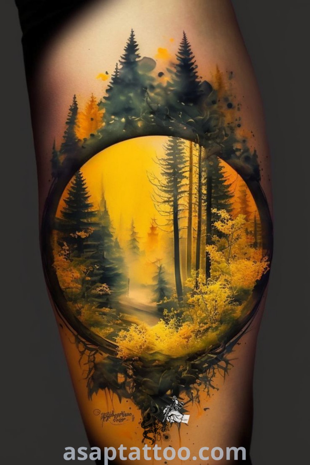 Forest scene tattoo on a woman