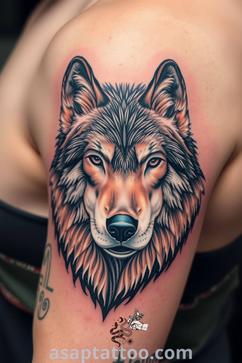 Realistic tattoo of a majestic wolf with intricate details, showcasing its gaze and fur texture, symbolizing strength and loyalty. A gorgeous tattoo idea you will absolutely love. asaptattoo.com