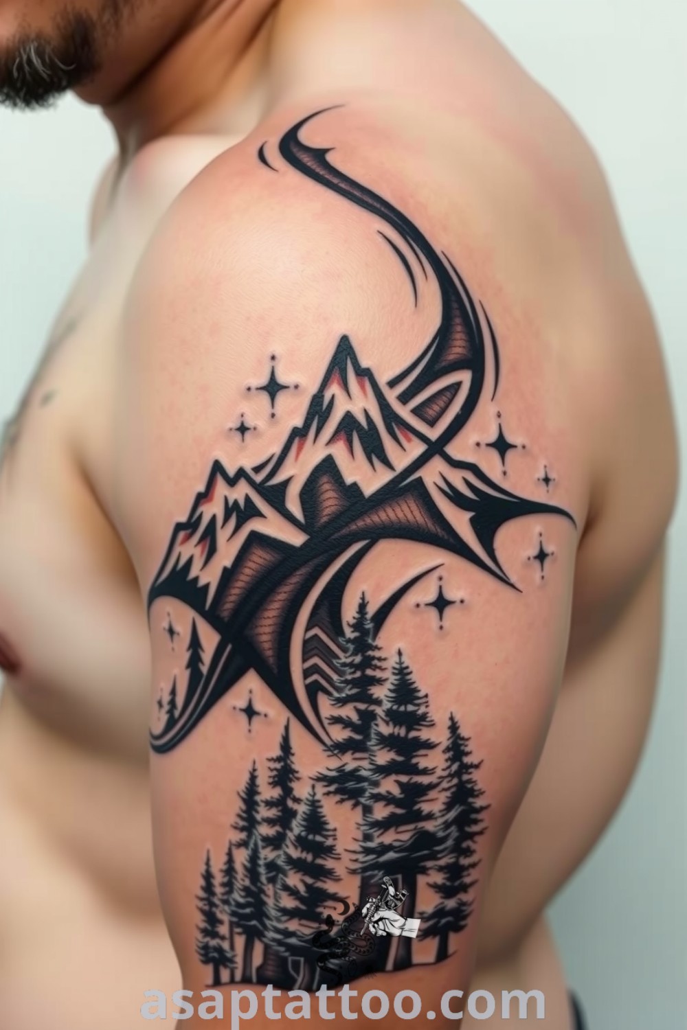 Tribal tattoo featuring mountains and forests in bold black linework, beautifully designed for a striking upper arm piece. This amazing tattoo reflects a connection to nature and adventure you must see. asaptattoo.com