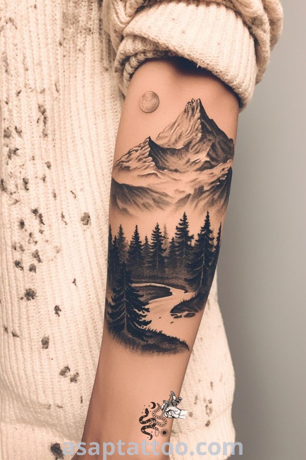 Pine Tree Half Sleeve Tattoo featuring black and shaded elements, inspired by mountain, stream, and woodsy themes. A gorgeous design perfect for those seeking tattoos to decorate your body with. Explore more ideas at asaptattoo.com.