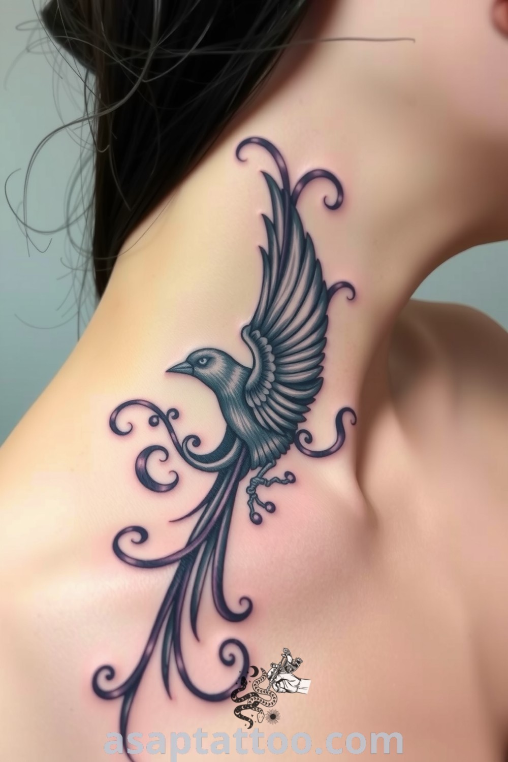 Baroque bird tattoo on the neck featuring intricate curls and deep blacks, creating an elegant design. A gorgeous tattoo idea you must see to believe. asaptattoo.com
