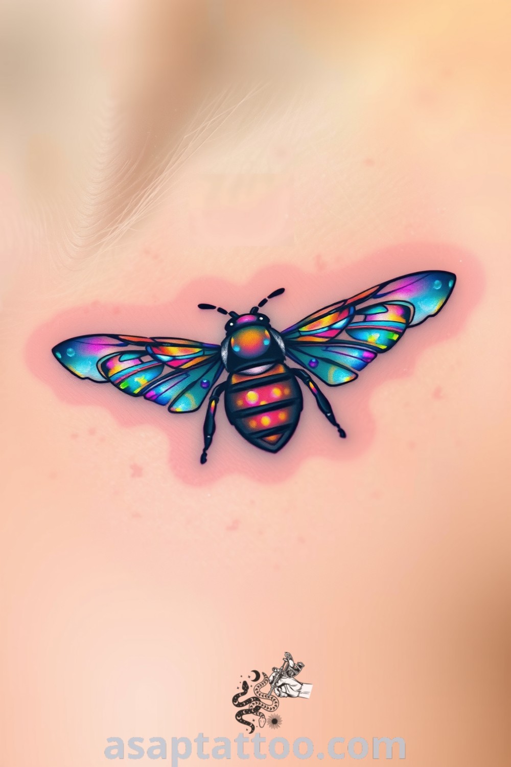 Holographic bee tattoo on the collarbone with vibrant blue and purple wings, featuring intricate linework and shading. A gorgeous tattoo idea that symbolizes resilience and transformation, asaptattoo.com