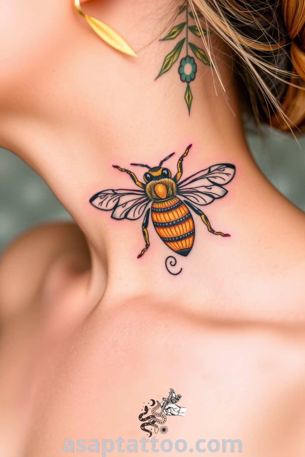 Ornamental bee neck tattoo with intricate linework, showcasing honey gold and deep black color contrasts. A gorgeous tattoo idea you must see for its elegant design celebrating nature. asaptattoo.com