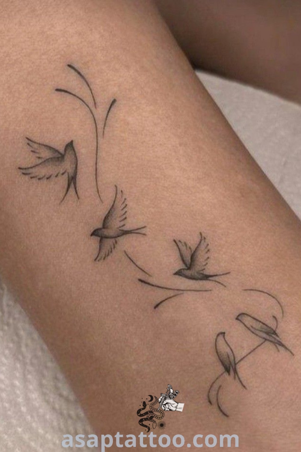 Elegant 7 Birds tattoo design featuring beautiful bird tattoos on arm and wrist. A stunning choice for women