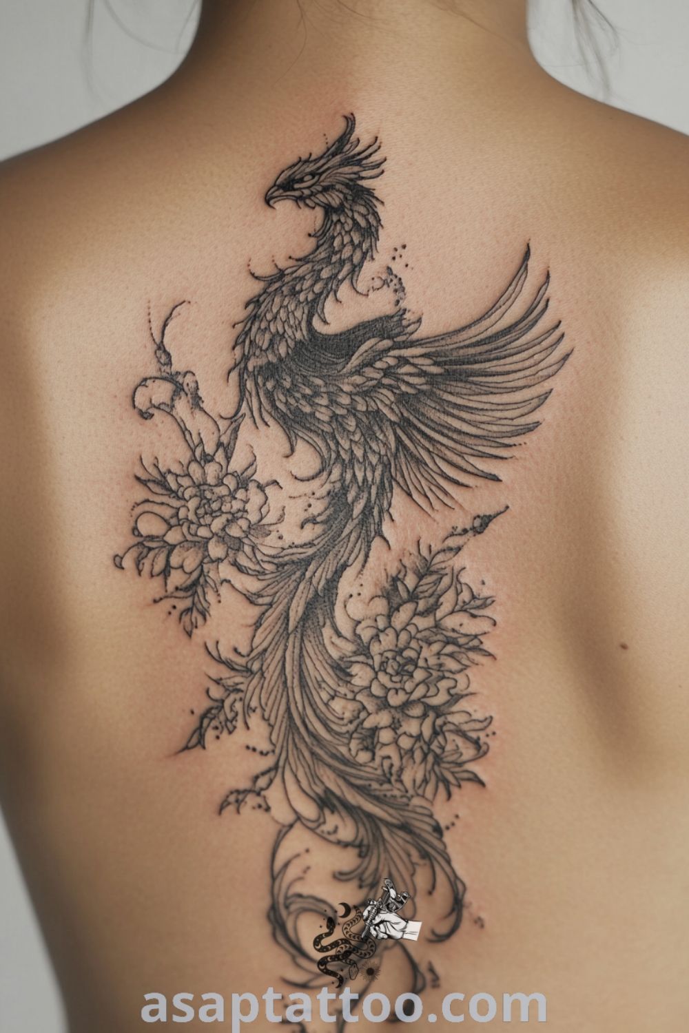 Blackwork phoenix tattoo on the bride