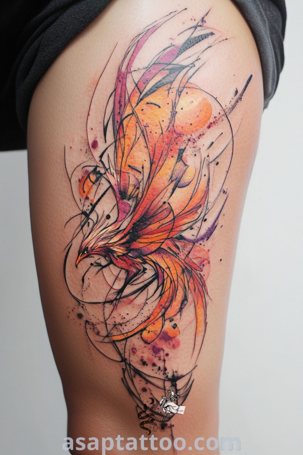 Watercolor phoenix tattoo featuring vibrant reds, oranges, and yellows with intricate linework and shading. A gorgeous and inspiring tattoo idea you must see to believe. asaptattoo.com