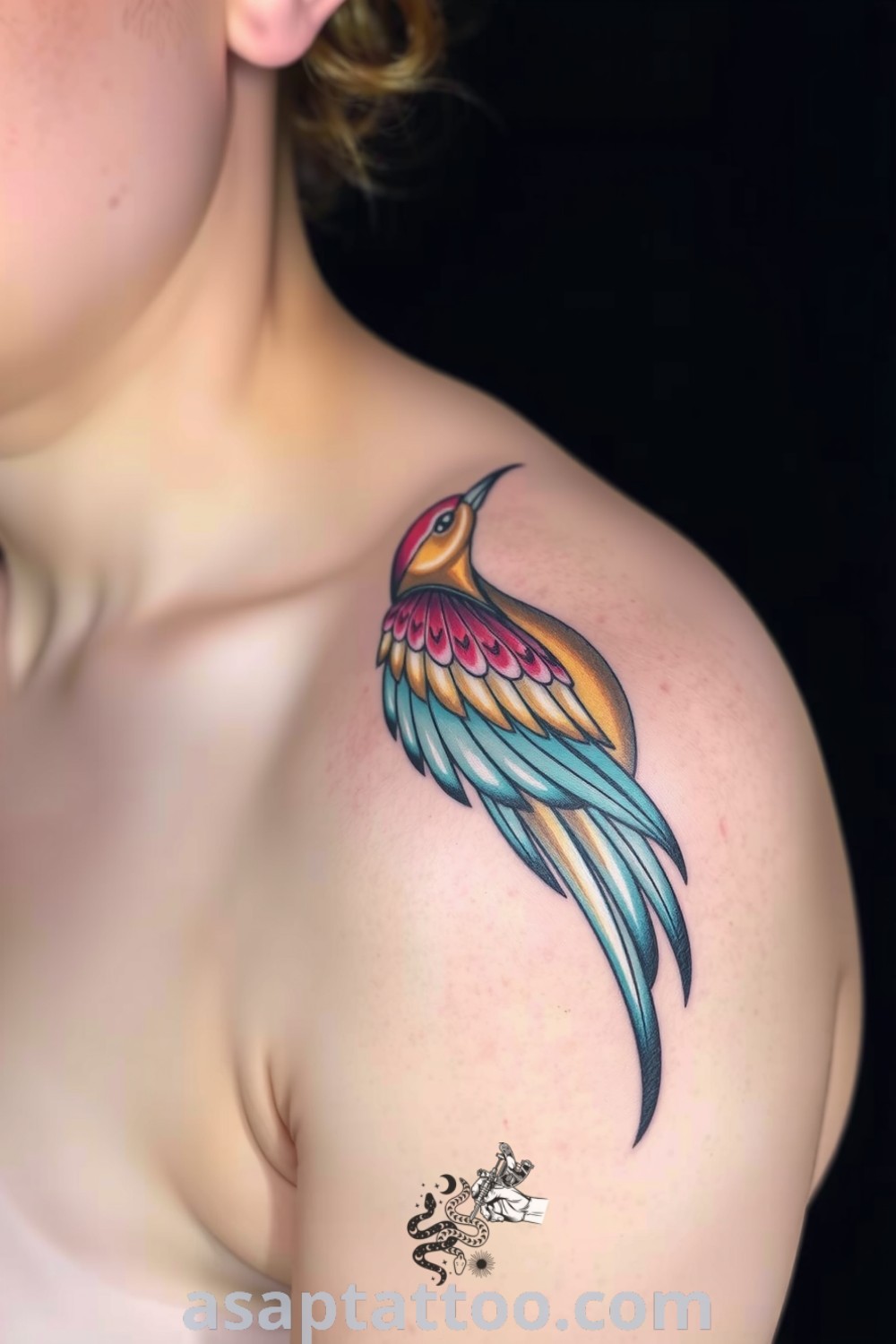 Detailed Renaissance bird tattoo on shoulder blade with a gradient of deep blues and soft golds, symbolizing freedom and elegance. An amazing tattoo idea you must see to believe. asaptattoo.com