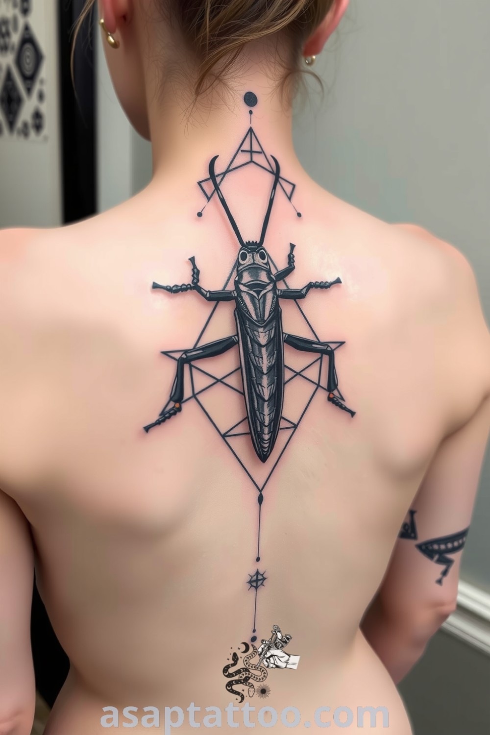 Sacred geometry grasshopper tattoo spiraling down the spine with intricate linework and geometric patterns in black and grey. A gorgeous tattoo idea that embodies transformation and is perfect for ink enthusiasts. asaptattoo.com