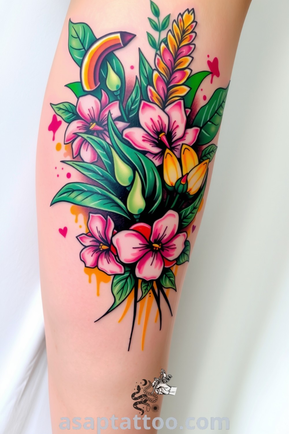 Graffiti floral tattoo with vibrant greens, pinks, and yellows on light skin, featuring dynamic spray strokes and detailed linework. A gorgeous tattoo idea that will inspire you to get inked. asaptattoo.com