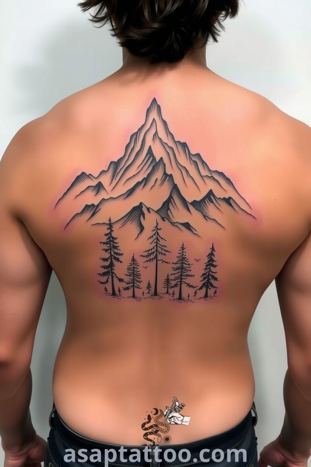 Etching-style tattoo of majestic mountains and a serene forest, intricately detailed with fine linework and shading. An amazing tattoo idea you must see to believe. asaptattoo.com
