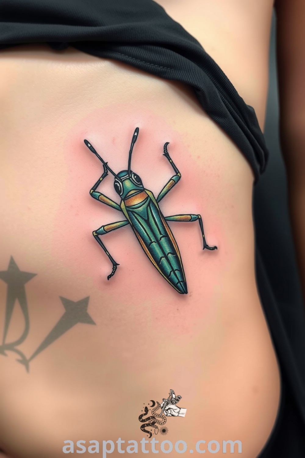 Intricate grasshopper tattoo on the ribcage featuring rich greens and browns, detailed exoskeleton, and elegant shading. A gorgeous tattoo idea you must see and try right now. asaptattoo.com