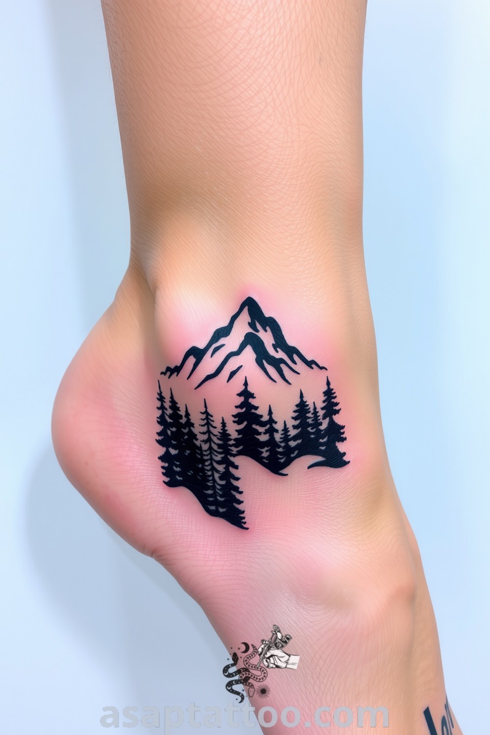 Dotwork tattoo featuring a serene forest and majestic mountains, with intricate shading and fine lines. An inspiring tattoo idea that beautifully decorates your body with nature