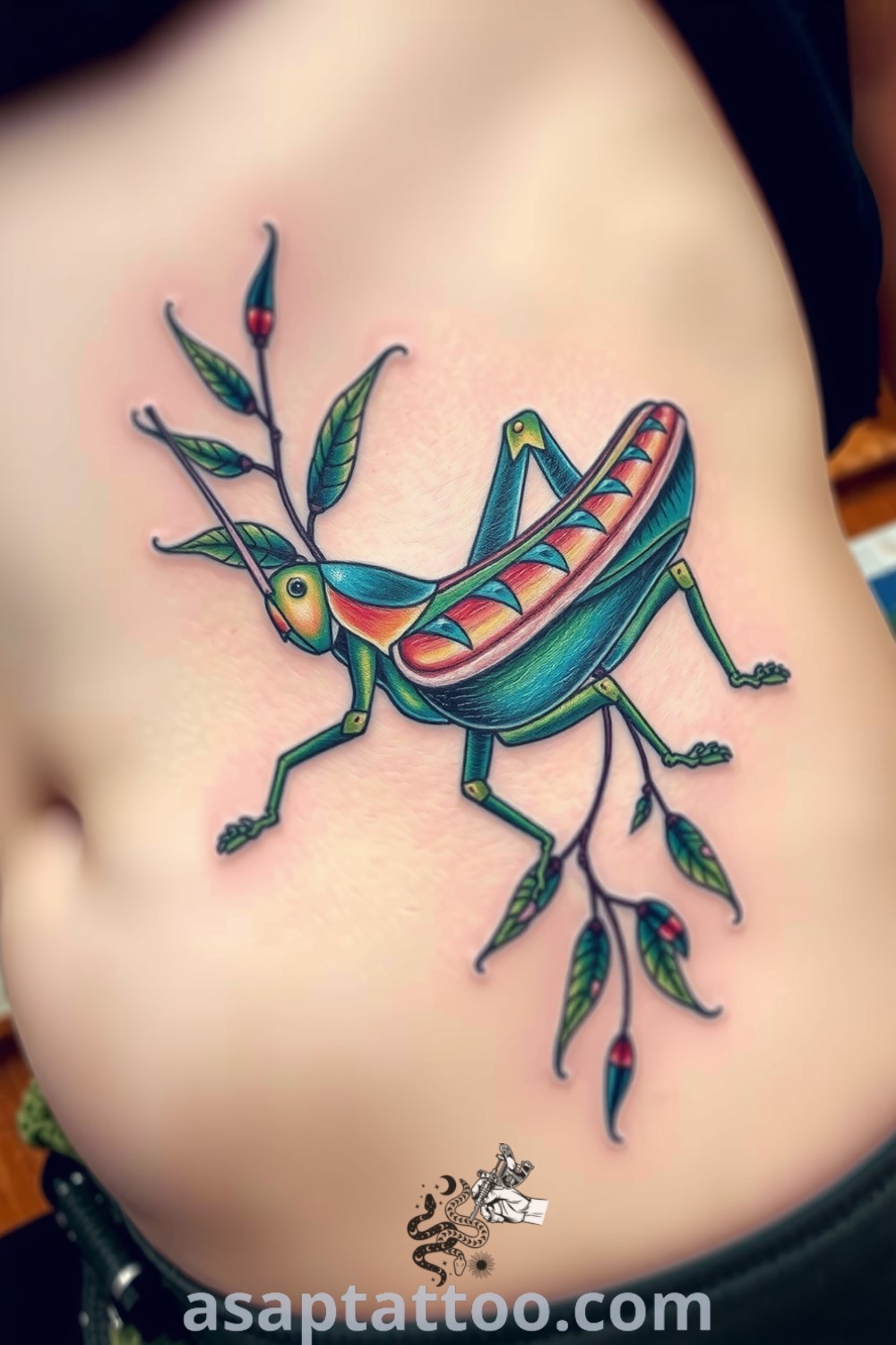 Botanical grasshopper tattoo with intricate details and rich green and brown hues, showcasing nature