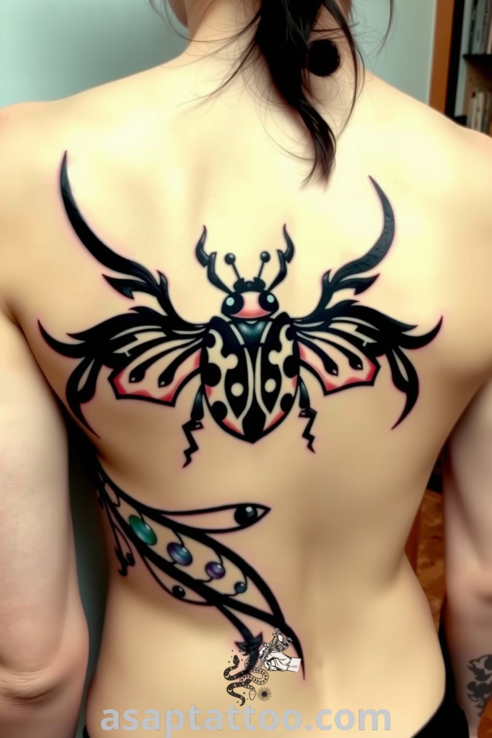 Tribal ladybug tattoo with bold black lines and intricate patterns symbolizing good luck and transformation. A gorgeous tattoo design idea you will absolutely love. asaptattoo.com