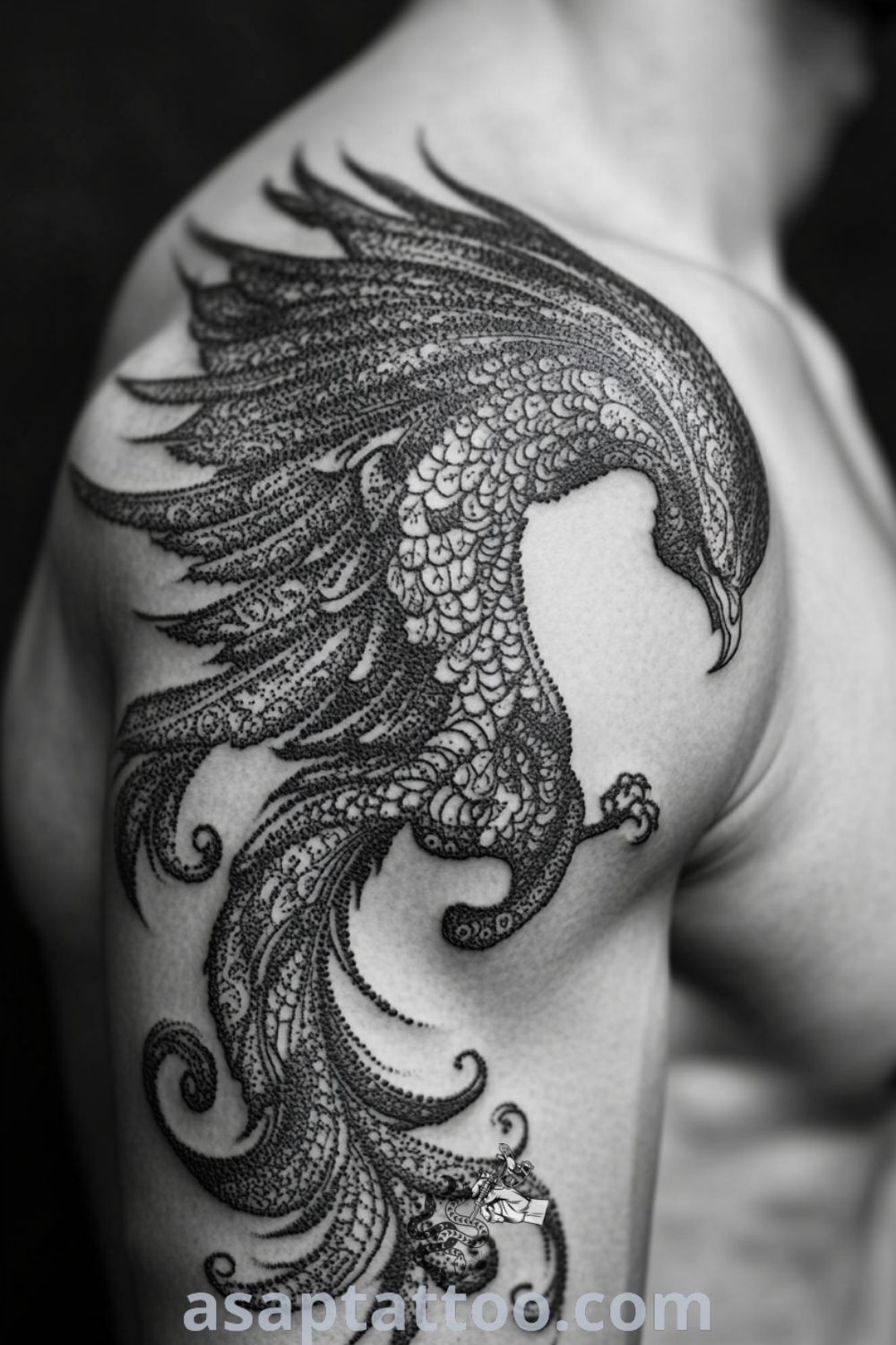 Dotwork phoenix tattoo featuring intricate patterns and shading, symbolizing rebirth and resilience. An elegant design you must see to believe, perfect for personal expression. asaptattoo.com