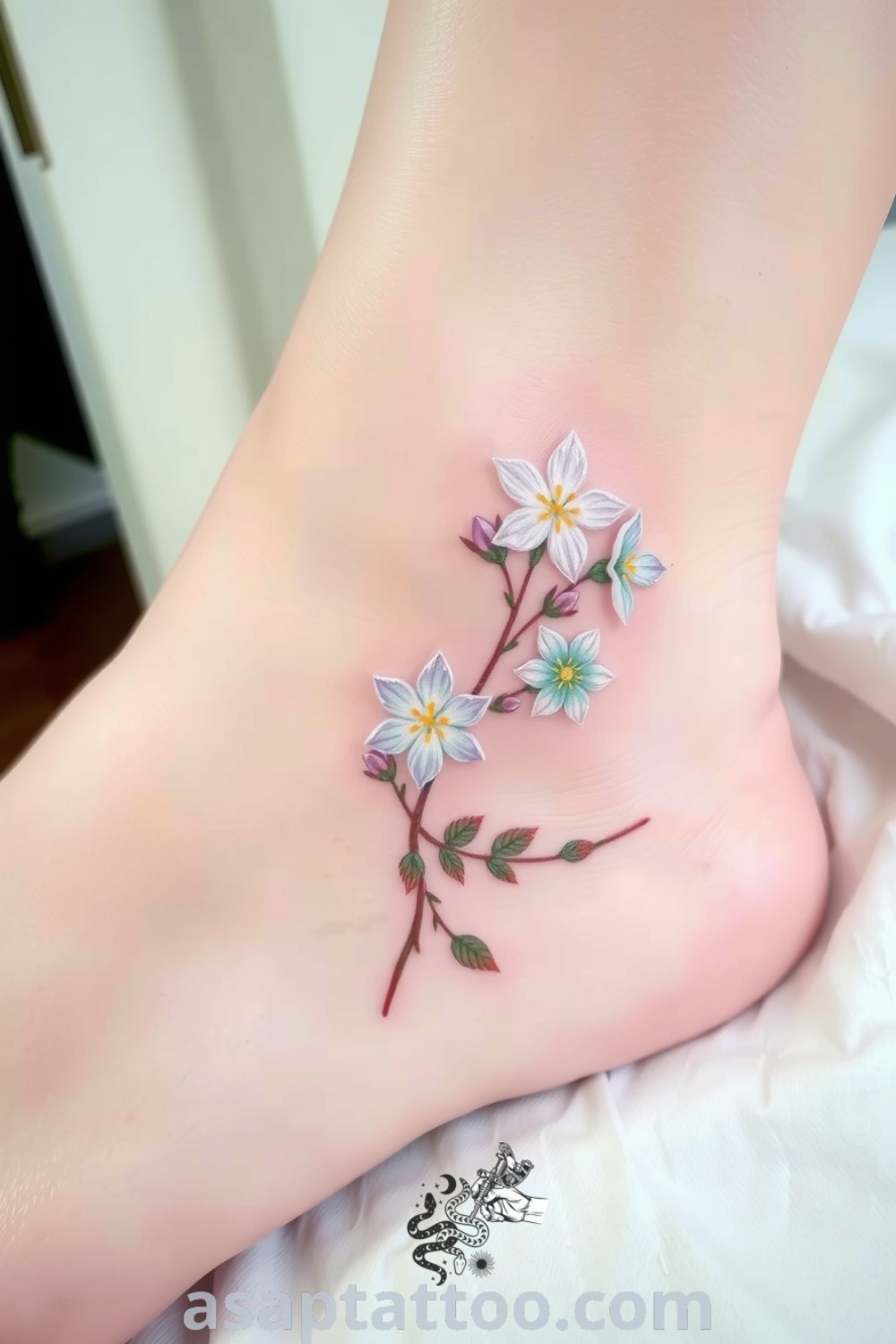 Pastel floral ankle tattoo in lavender and mint hues with delicate blossoms, showcasing a serene and elegant design. A gorgeous tattoo idea you must see to believe. asaptattoo.com