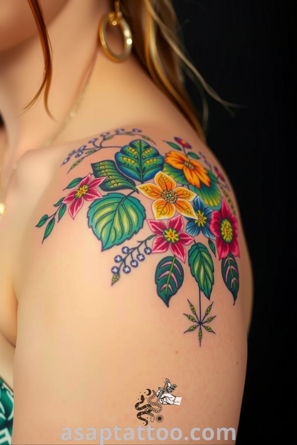 Mosaic plant tattoo with vibrant tiles forming lush foliage in rich greens and bright florals. An amazing tattoo idea that beautifully complements light skin tones. asaptattoo.com