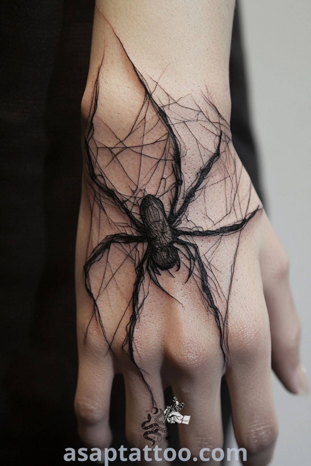 Intricate abstract spider tattoo with delicate linework and deep black ink, symbolizing resilience and transformation in an elegant design. A gorgeous tattoo idea you must see. asaptattoo.com
