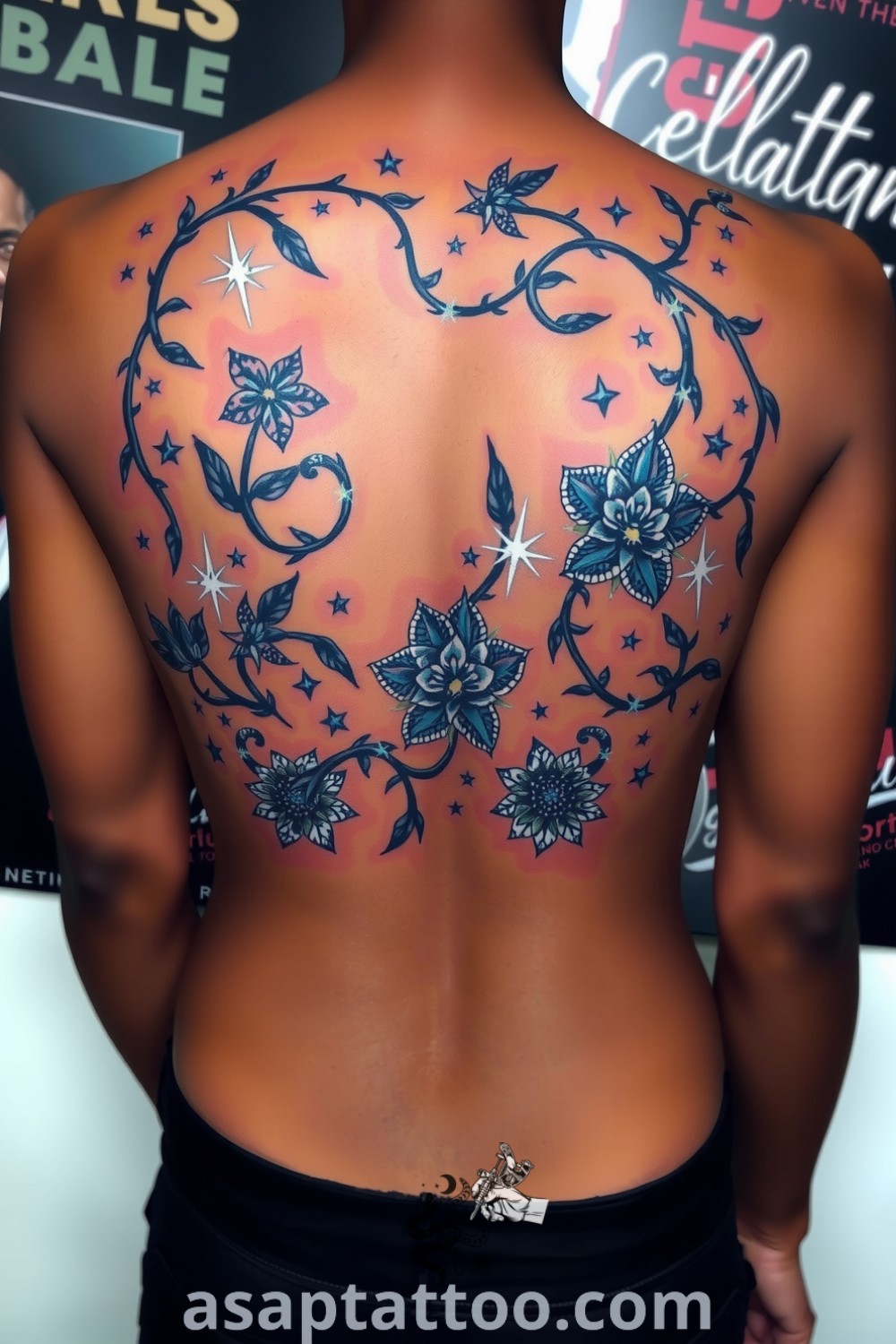 Celestial plants tattoo with starry vines and cosmic florals in deep blues and purples, showcasing an ethereal glow. An inspiring tattoo idea you must see to believe. asaptattoo.com