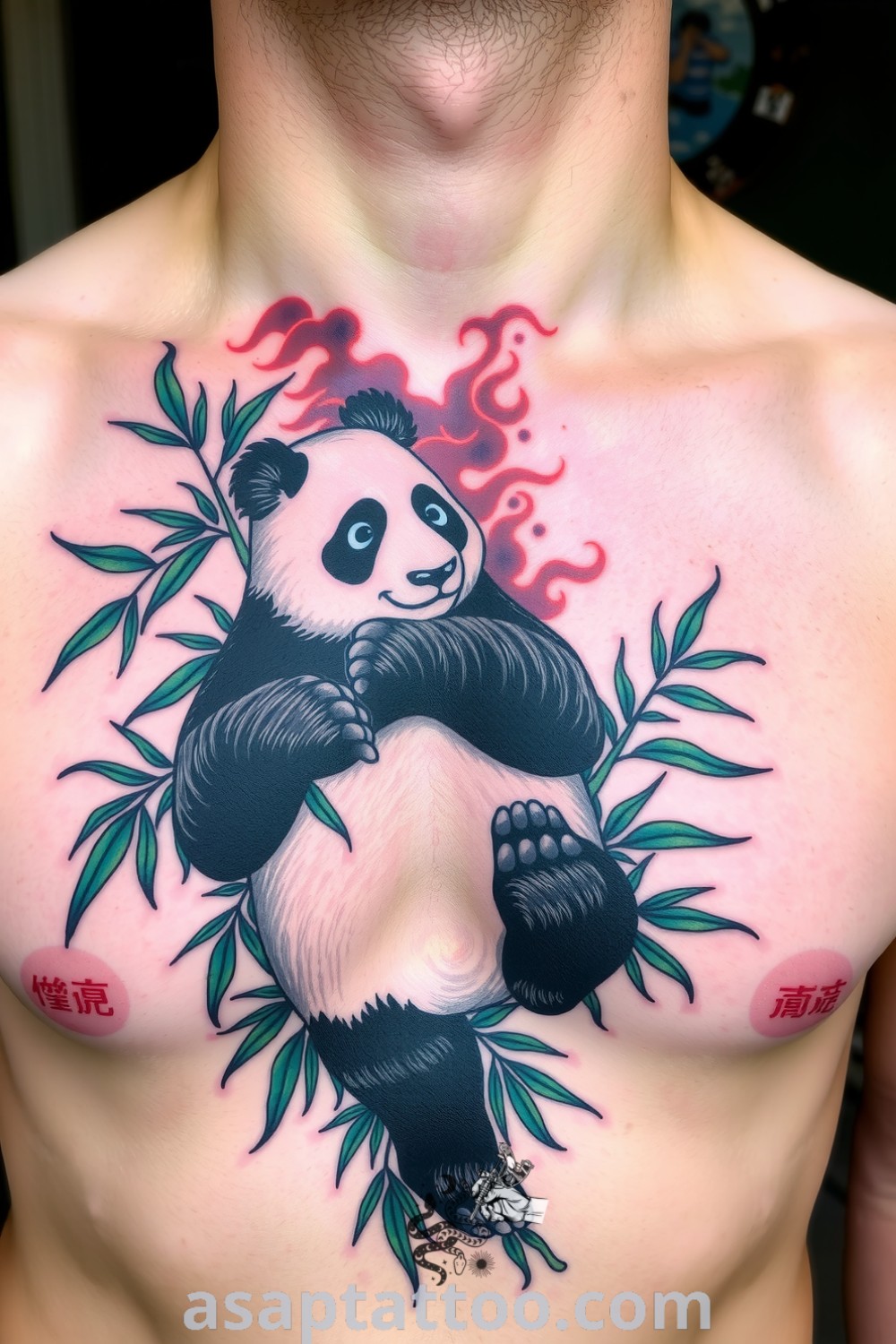A neo-traditional panda tattoo in a playful pose among bamboo, showcasing vibrant colors and intricate details. This gorgeous design is one of the best tattoo ideas you have to see to believe. asaptattoo.com