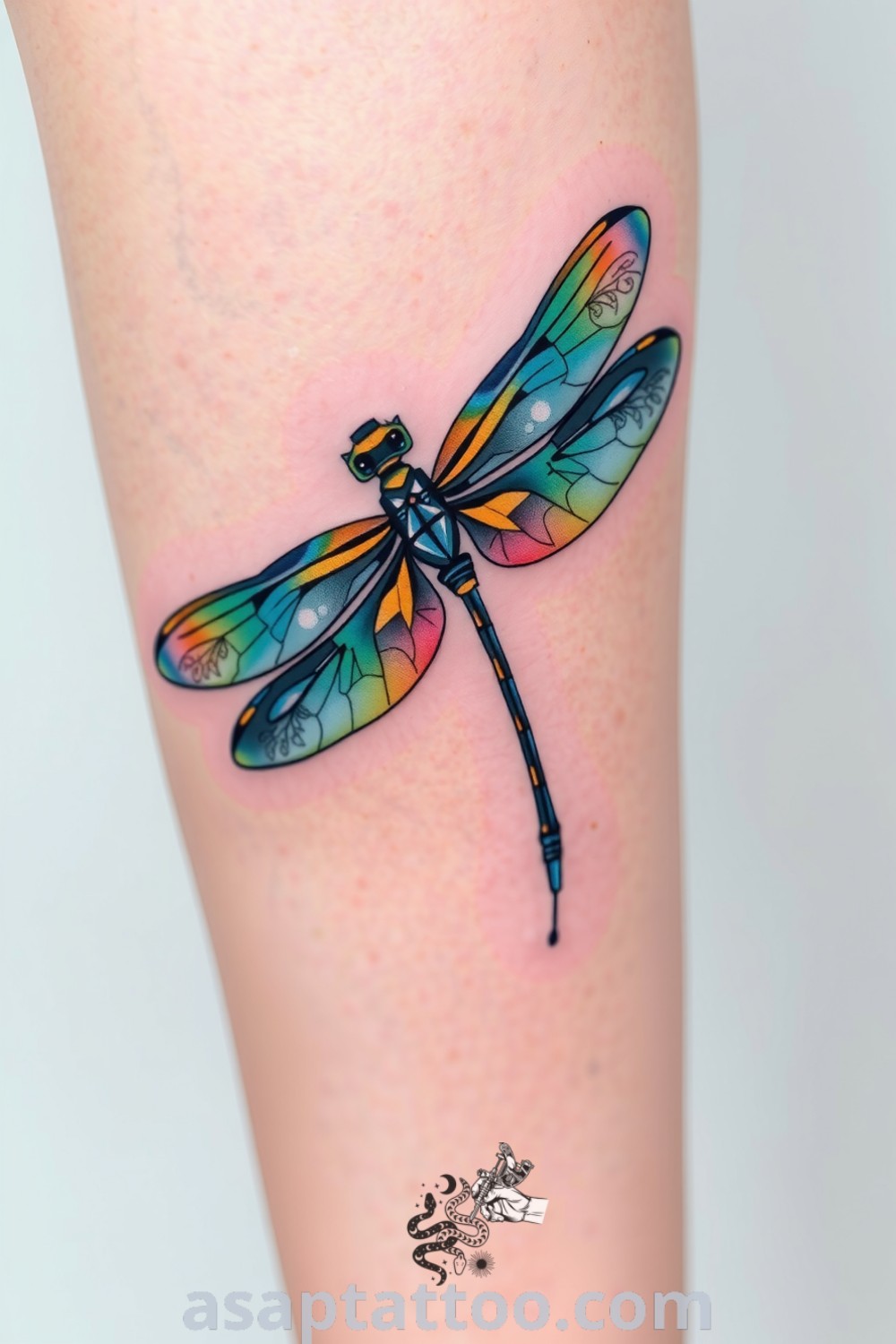Neo-traditional dragonfly tattoo with emerald and sapphire gradient wings and intricate linework. An elegant and gorgeous tattoo design that symbolizes transformation and freedom you must see. asaptattoo.com