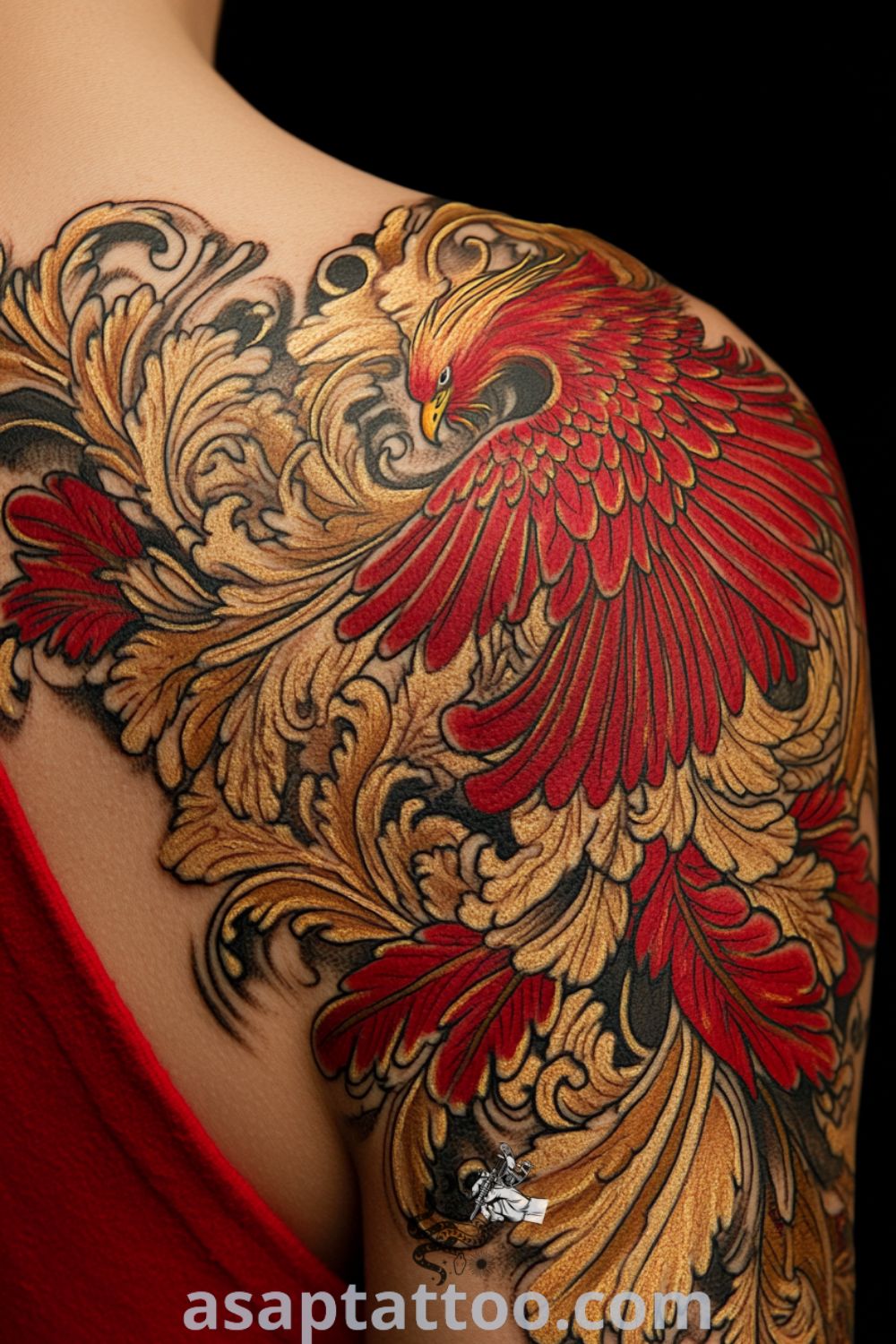 Baroque phoenix tattoo with vibrant red and gold hues, featuring intricate linework and elegant feathers. A stunning and inspiring tattoo idea you must see to believe. asaptattoo.com