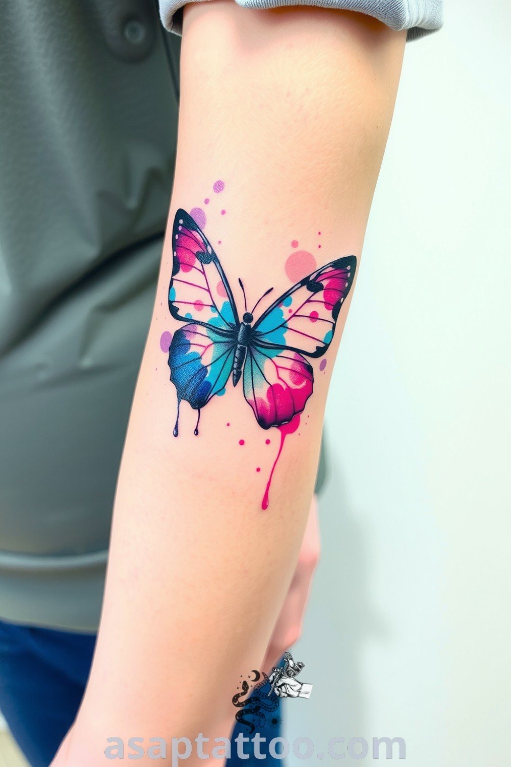 Watercolor butterfly tattoo in vibrant blues, purples, and pinks with fine linework, symbolizing freedom and transformation. An elegant tattoo idea you must see. asaptattoo.com