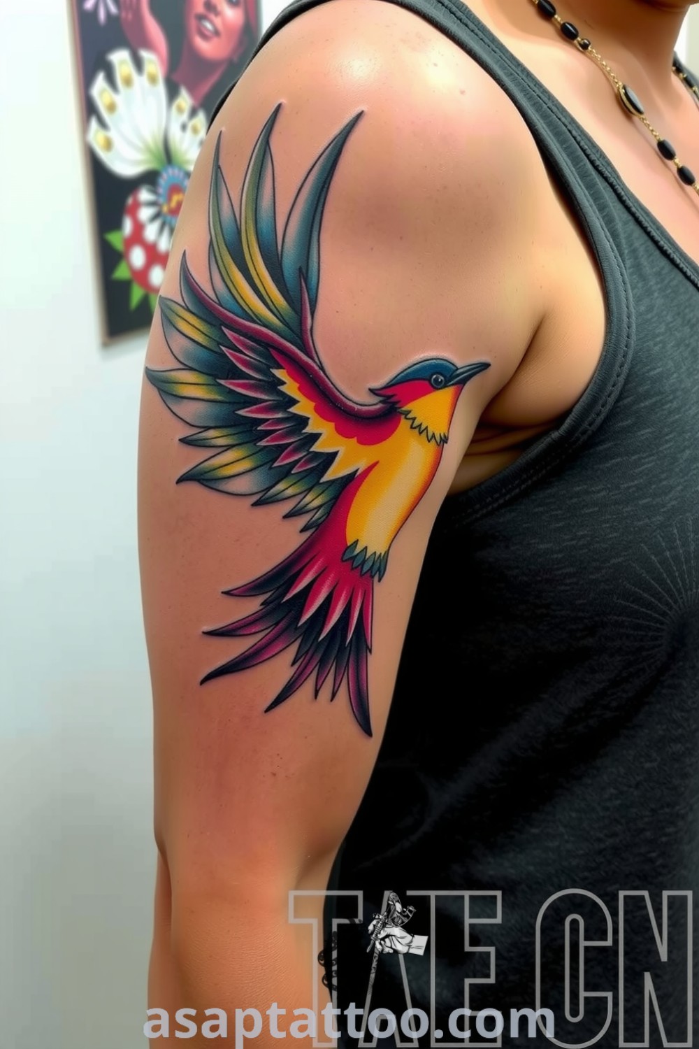Traditional bird tattoo with vibrant colors and intricate linework, embodying freedom and adventure. A gorgeous tattoo idea to inspire you to get inked. asaptattoo.com