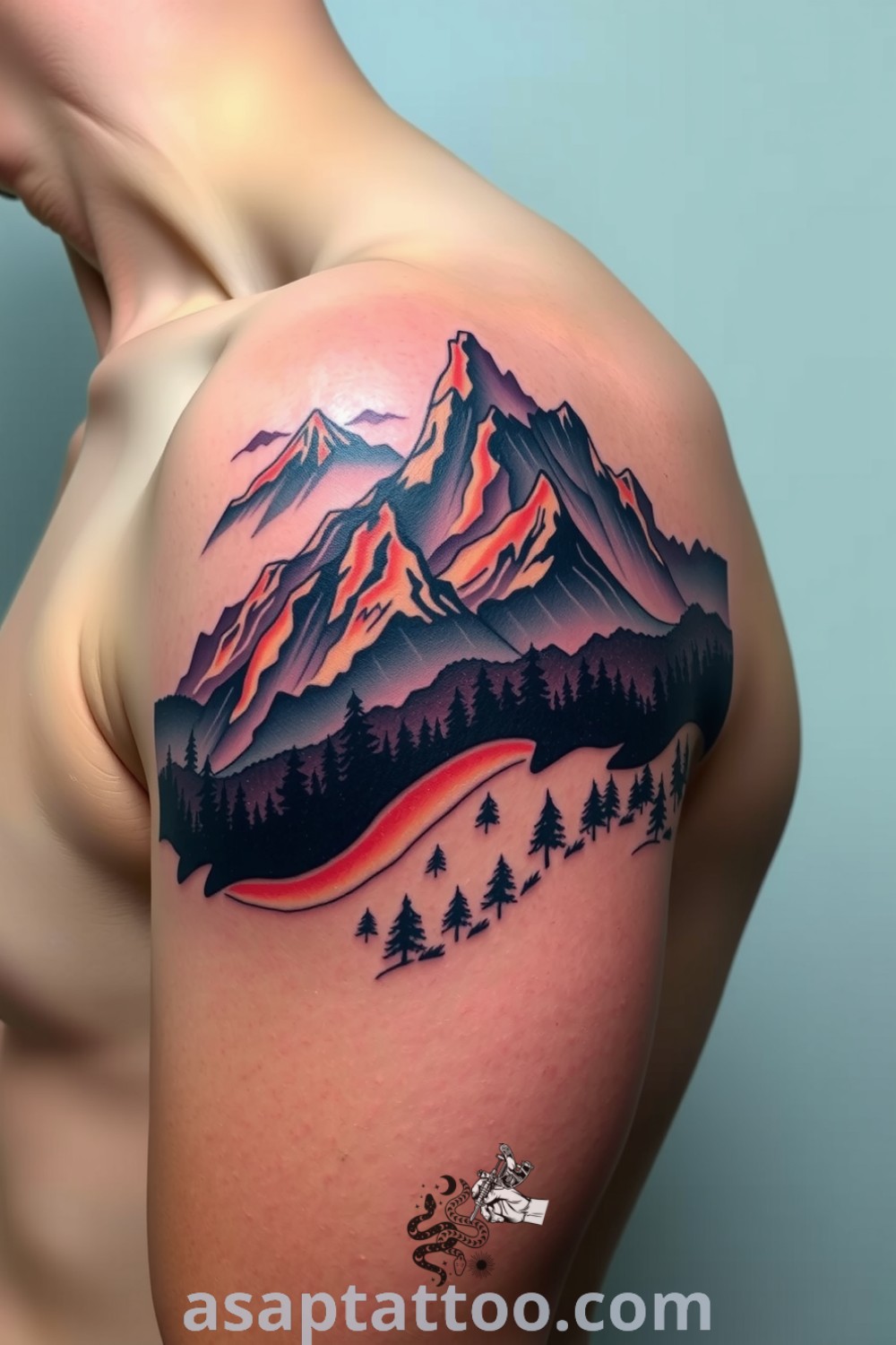 Surreal tattoo of mountains and a dense forest with intricate linework and rich colors, symbolizing adventure and nature. An inspiring tattoo idea that you must see to believe. asaptattoo.com