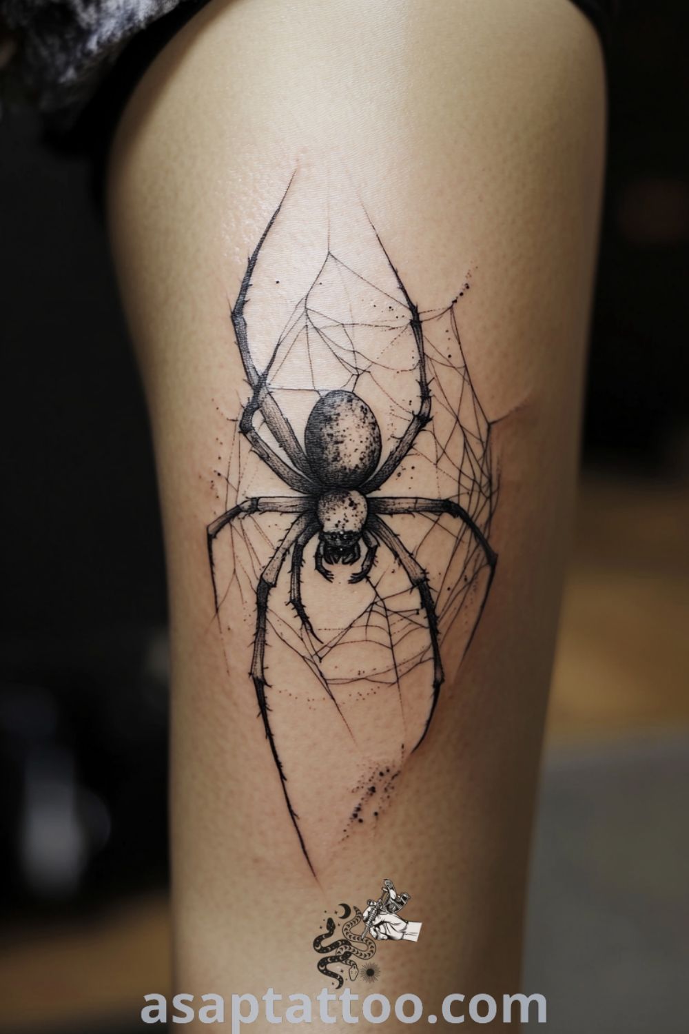 Intricate ink wash spider tattoo on bride