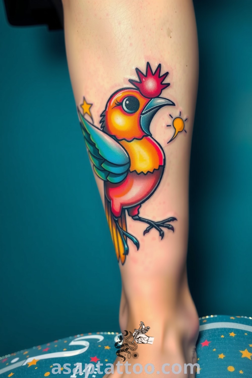 Vibrant comic-style bird tattoo with bold outlines and bright colors, featuring intricate feather detailing and dynamic shading. An amazing tattoo idea that will inspire you to get inked. asaptattoo.com