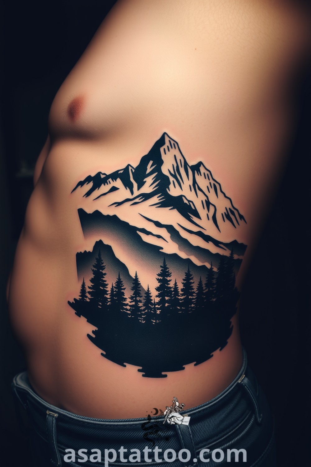 Chiaroscuro tattoo of mountains and a forest, featuring intricate linework and deep blacks and grays, creating a mesmerizing landscape that embodies adventure. Best tattoo ideas you have to see to believe. asaptattoo.com